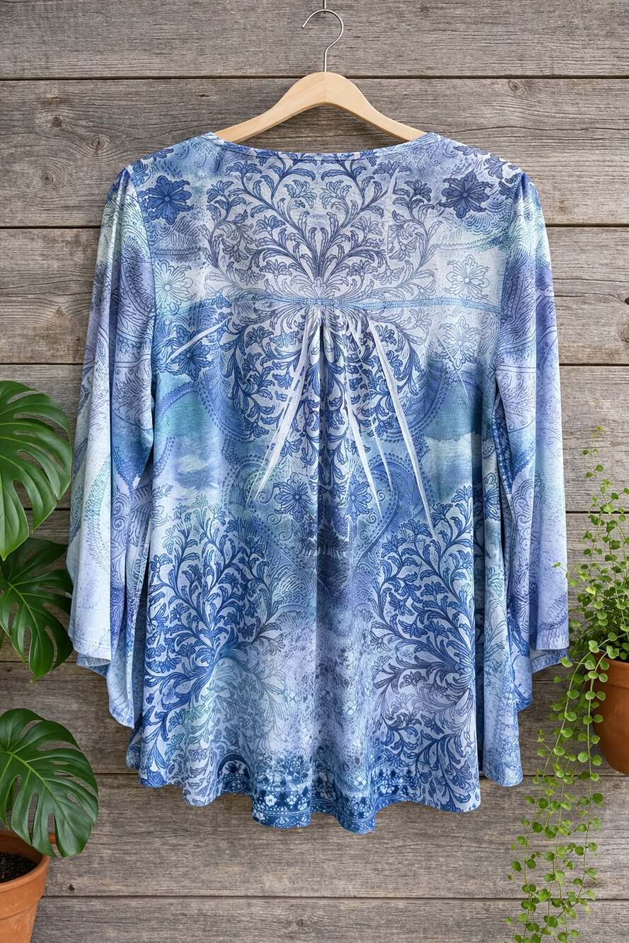 World Unity Woman 1X Blue Paisley Embellished 3/4 Sleeve Tunic Top - Picture 3 of 6